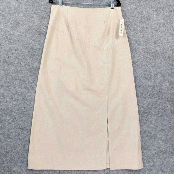 Marla Kim Skirt Sz XL Beige Linen Cotton Blend Midi Modest Slit Career Chic - Picture 11 of 12
